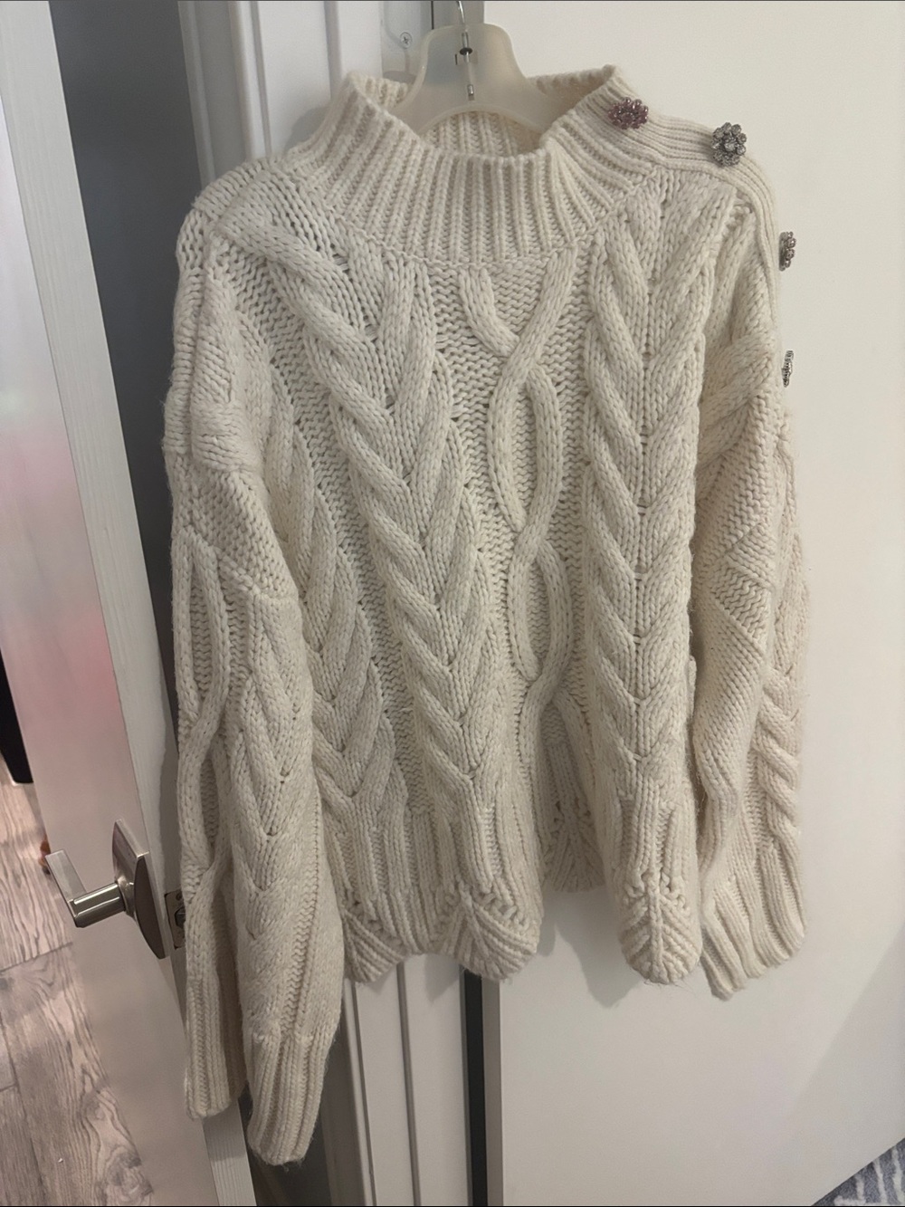 Zara Cream Cable-Knit Turtleneck Sweater with Shoulder Buttons